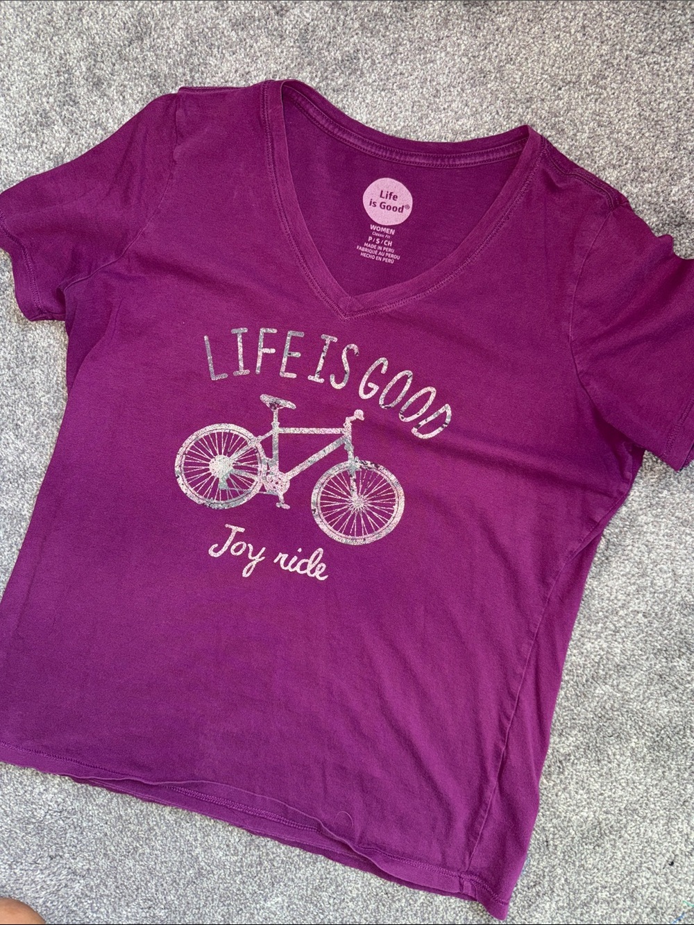 Life Is Good Women's V-Neck Tee - Magenta Purple with Silver Graphic
